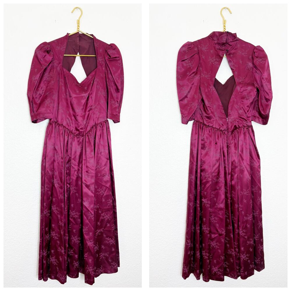 Vintage 1980s Burgundy Satin Drop Waist Midi Dress Puff Sleeves Floral Coquette